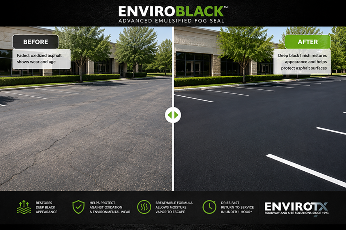 EnviroBlack asphalt preservation treatment creating a deep black surface finish