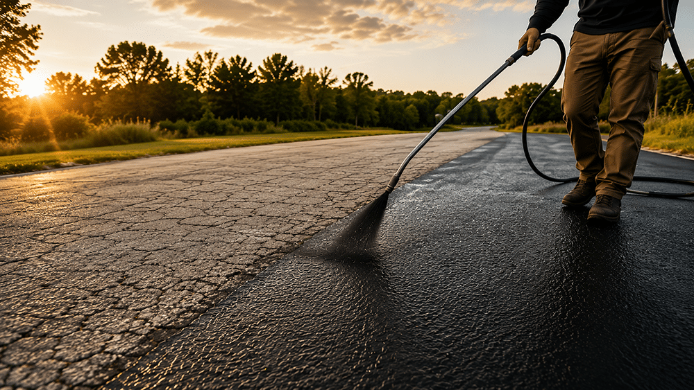 Faded gray asphalt surface showing early signs of oxidation and surface aging