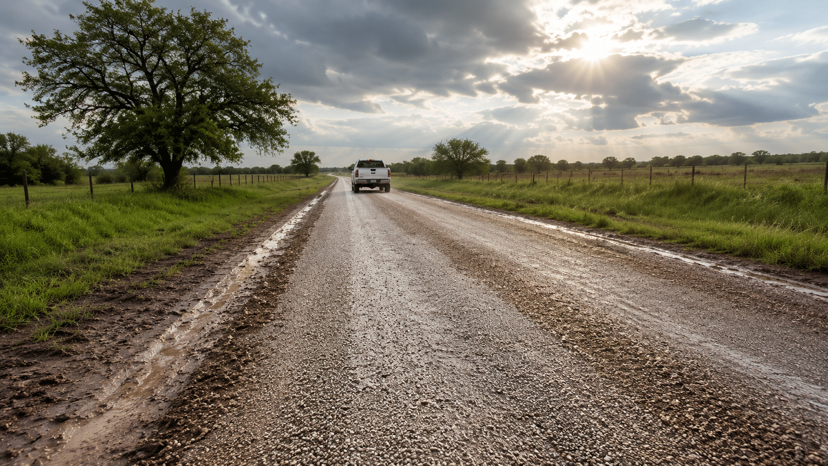 Close view of loose gravel road material showing fine particles and aggregate separation