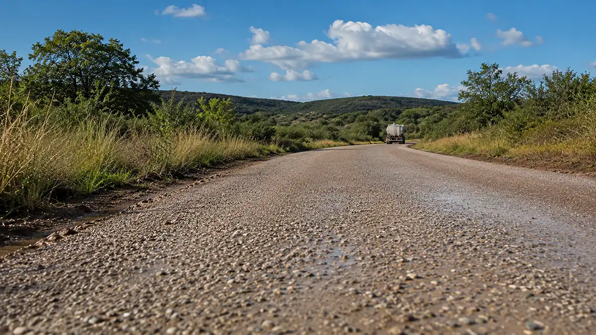 Dust rising from an unpaved gravel road under vehicle traffic